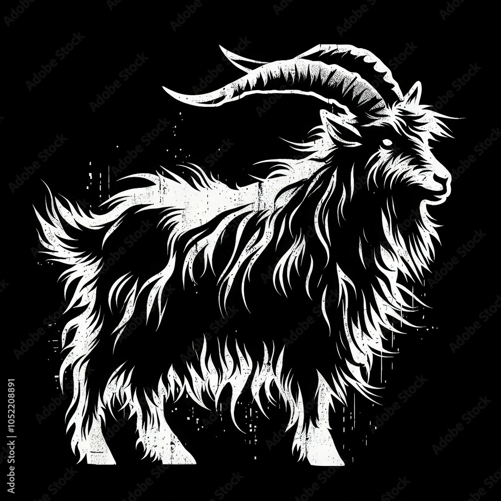 Obraz premium A stylized black and white illustration of a shaggy goat with prominent horns, showcasing its unique fur texture and silhouette.