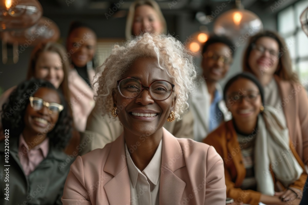 Happy diverse business team celebrating success with senior female leader. Happy diverse business team celebrating success with senior female leader.