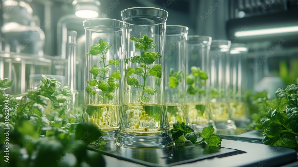 Several glass beakers with green plants inside on a laboratory table. Several glass beakers with green plants inside on a laboratory table.