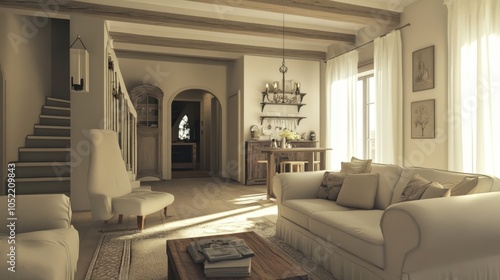 A vintage-inspired living room features soft sofas and antique chandeliers, creating a warm, elegant atmosphere in a classically designed space. photo