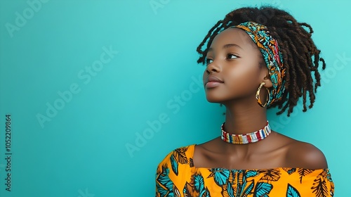 Portrait of a curious and thoughtful adolescent Kenyan girl dressed in a vibrant colorful tribal print dress while gazing intently on a turquoise studio background with a sense of wonder and photo