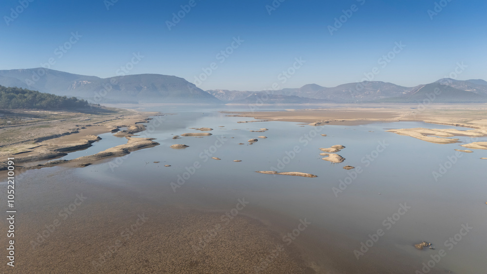 A dry dam in a dry and drought-affected area. Tahtali Dam, izmir. Turkey A dry dam in a dry and drought-affected area. Tahtali Dam, izmir. Turkey