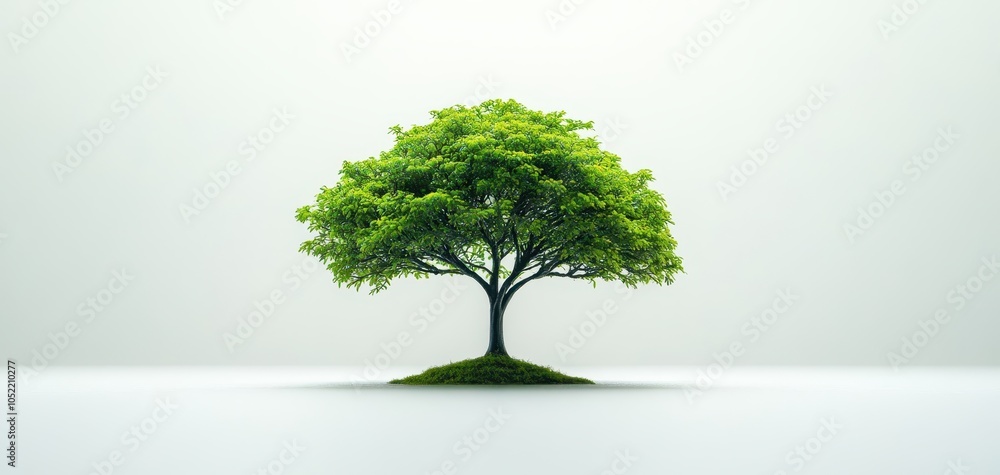 Obraz premium A lush green tree with a broad canopy standing isolated against a white background, symbolizing nature, growth, and tranquility.
