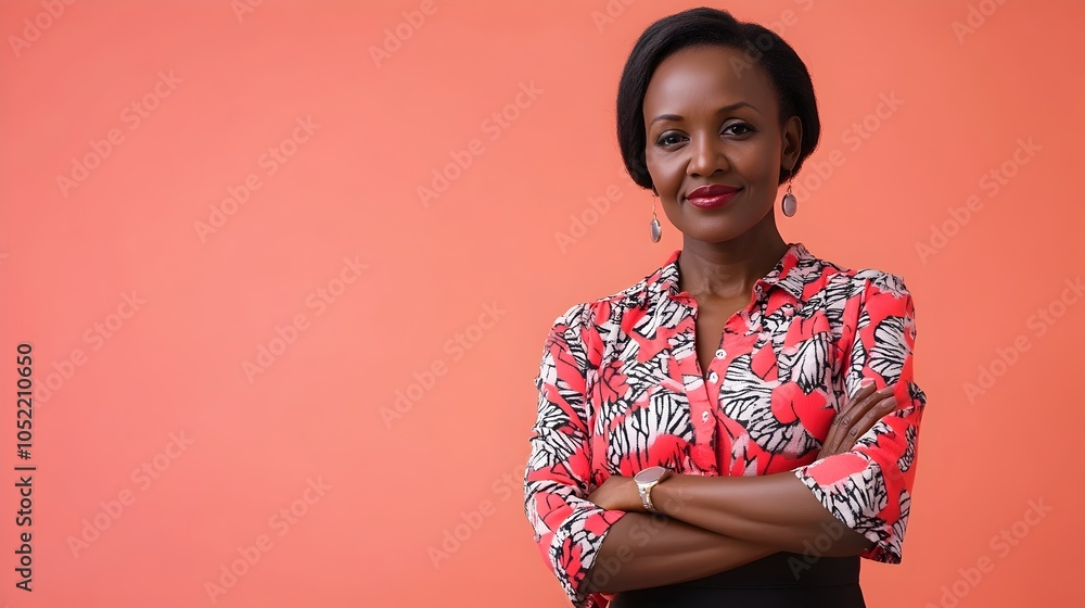 Portrait of a confident and determined middle aged Kenyan woman wearing a professional blouse and skirt posing against a plain coral studio background with copy space above Portrait of a confident and determined middle aged Kenyan woman wearing a professional blouse and skirt posing against a plain coral studio background with copy space above