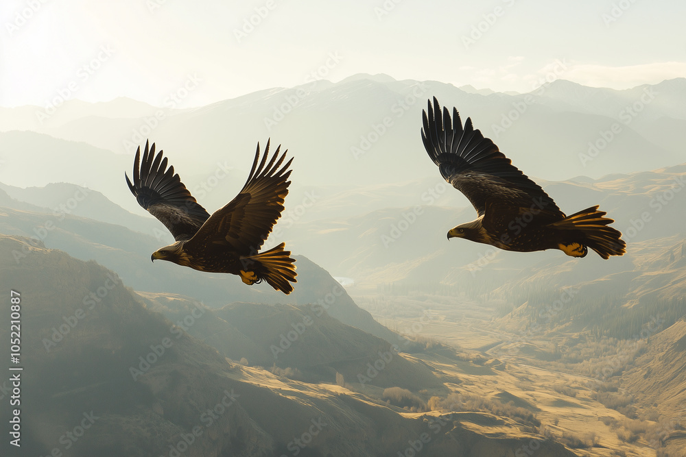 Fototapeta premium A shot of a bald eagle perched on a rocky cliff, overlooking a sweeping mountain range.