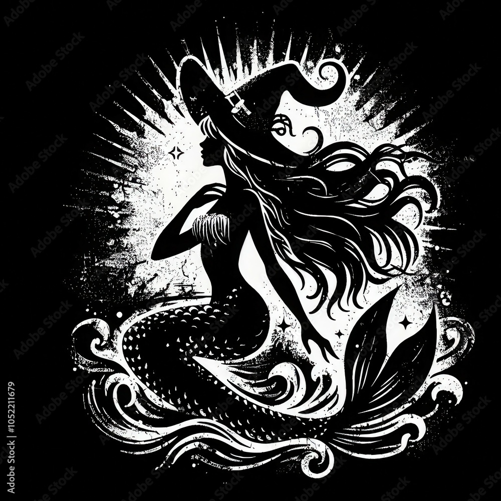 Fototapeta premium A silhouette of a mermaid wearing a witch's hat, framed by swirling waves and celestial elements, creating a mystical, enchanting vibe.
