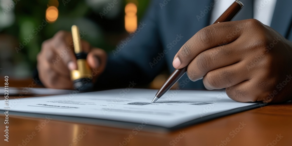 Businessman Signing Contract Document with Pen and Stamp Closeup Businessman Signing Contract Document with Pen and Stamp Closeup