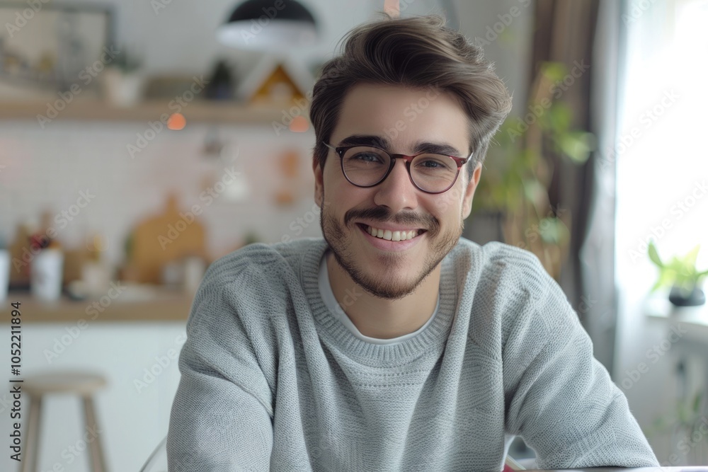 Obraz premium Happy man in glasses at home office video call.