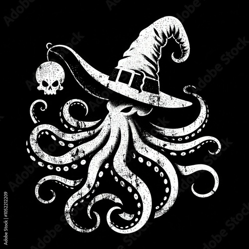 A whimsical octopus wearing a wizard hat, adorned with a skull, highlights a fusion of fantasy and maritime themes. photo