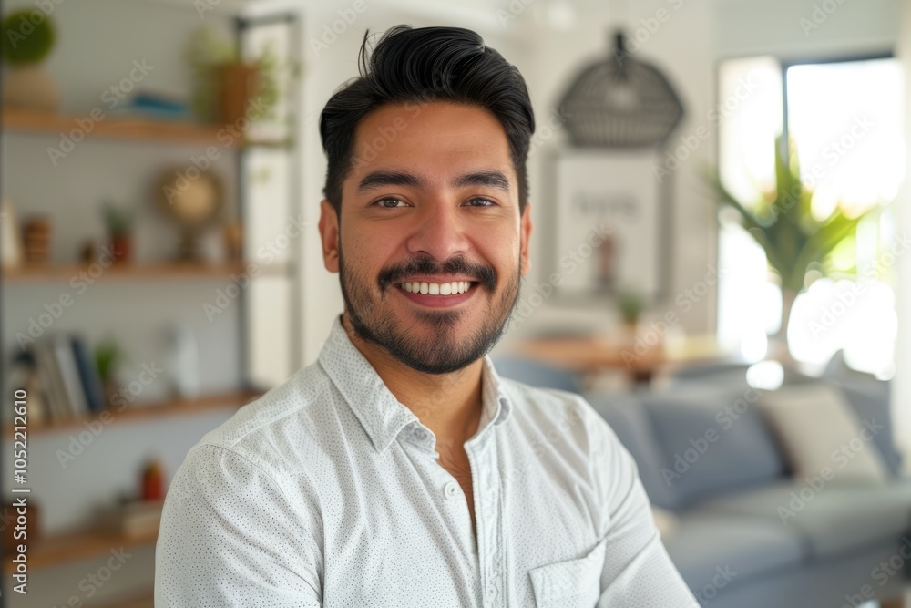 Obraz premium Confident Indian Hispanic man poses for headshot in home office.