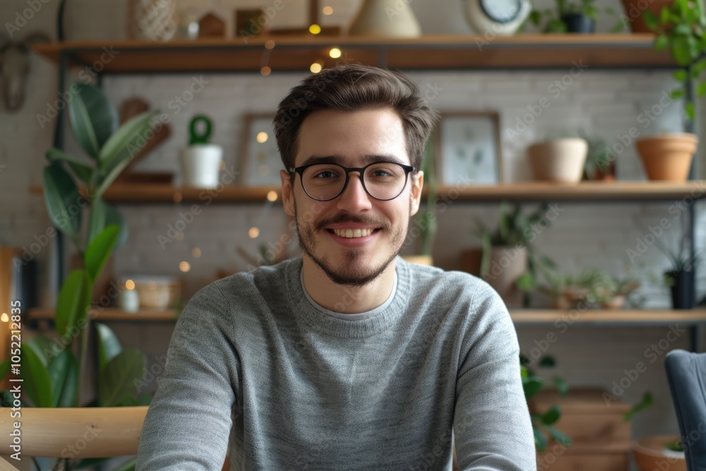 Obraz premium Smiling millennial man in glasses on video call at home.