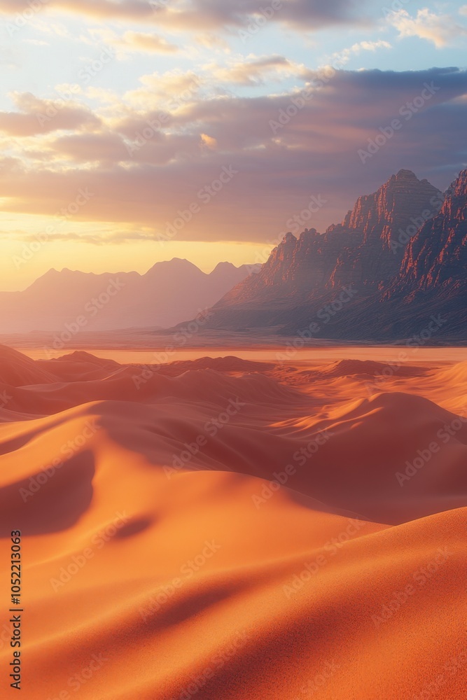 Fototapeta premium Golden sands stretch beneath a vibrant sky as the sun sets over a breathtaking desert landscape with distant mountains