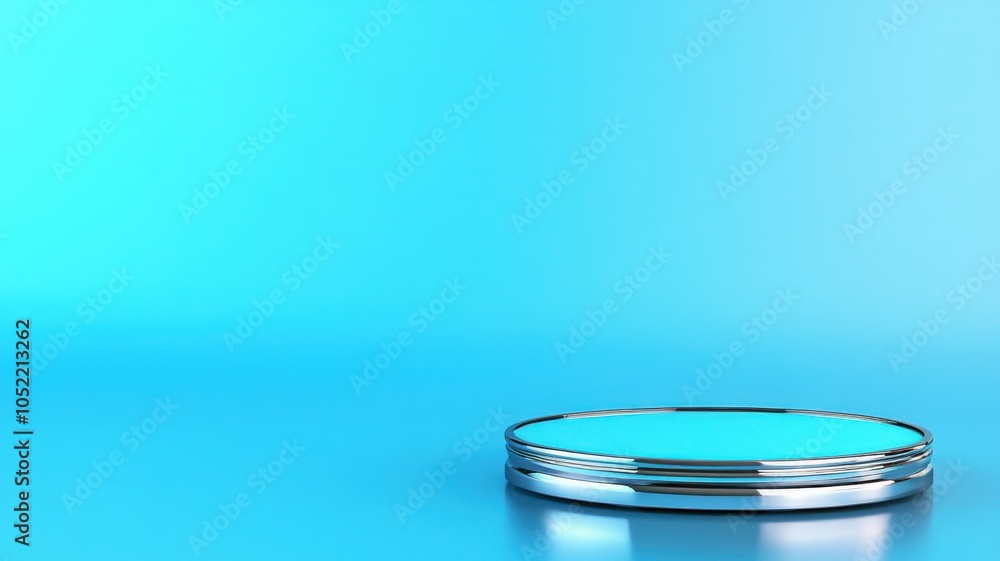 A minimalistic blue background highlights a reflective circular surface, creating an elegant and modern aesthetic. A minimalistic blue background highlights a reflective circular surface, creating an elegant and modern aesthetic.