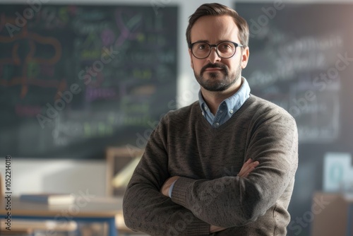 Portrait of confident Caucasian male teacher in classroom