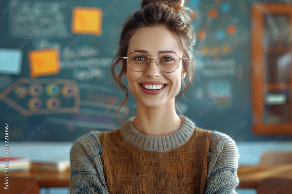 Portrait of happy female teacher wearing eyeglasses in classroom Portrait of happy female teacher wearing eyeglasses in classroom