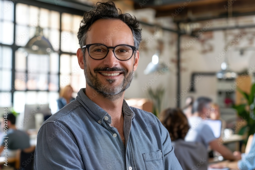 Obraz premium Happy millennial male business owner in modern office leadership concept.