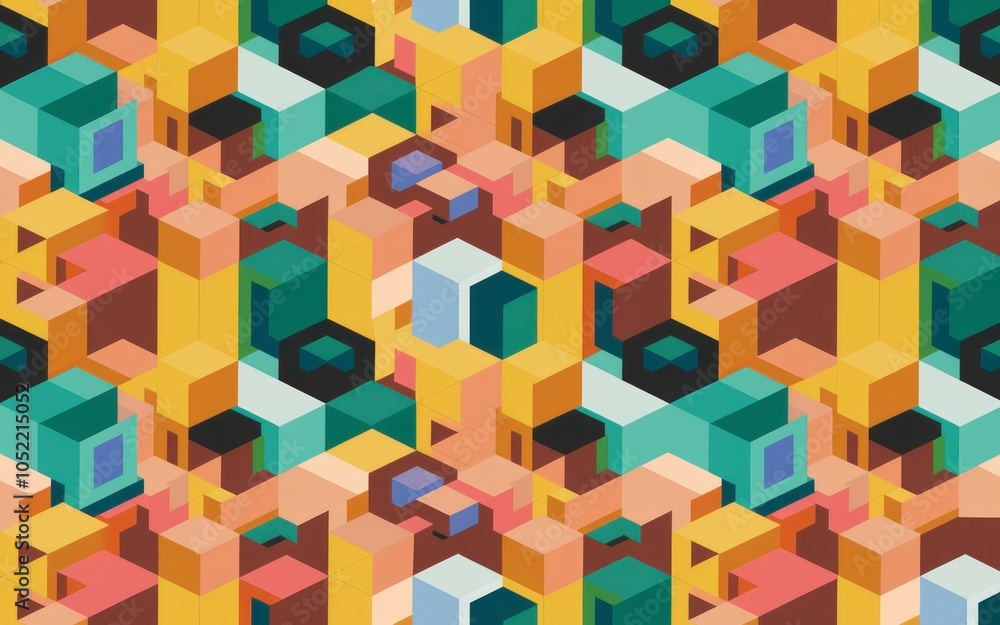 Obraz premium Geometric cube pattern. Vibrant isometric cube design; symbolizes complexity, structure, and modern design. A colorful abstract pattern.