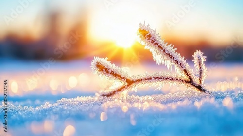 Frosty branch sparkling in sunlight over snow, winter wonderland scene. photo