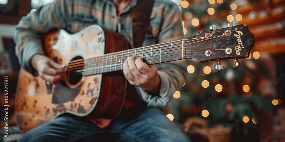 Fototapeta premium Musician playing an acoustic guitar with holiday lights in a cozy indoor setting