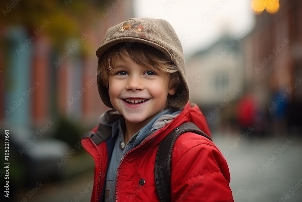 Portrait of a smiling little boy in a hat on the street Portrait of a smiling little boy in a hat on the street