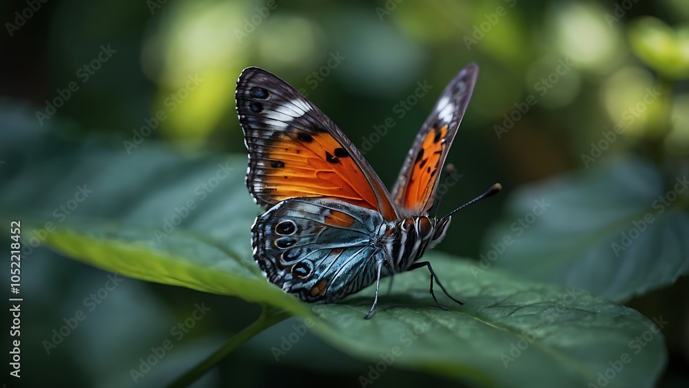 Colorful Butterfly Resting on a Green Leaf in a Lush Garden During the Afternoon Light Colorful Butterfly Resting on a Green Leaf in a Lush Garden During the Afternoon Light