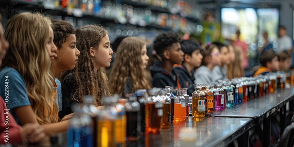 Students engaged in a science experiment with colorful liquids in a classroom setting Students engaged in a science experiment with colorful liquids in a classroom setting
