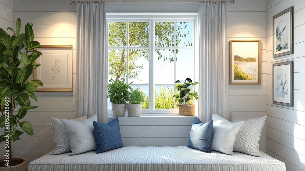 A serene window seat with blue and white pillows, ocean view, and surrounded by lush plants, exuding calmness and relaxation. A serene window seat with blue and white pillows, ocean view, and surrounded by lush plants, exuding calmness and relaxation.