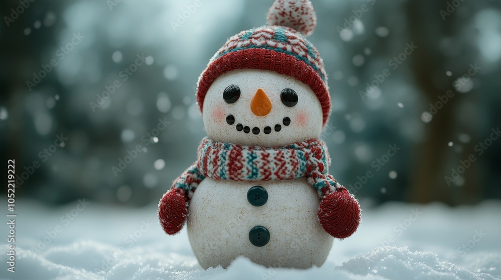 Fototapeta premium Cute Smiling Snowman in a Cozy Winter Outfit with Snowy Forest Background and Falling Snowflakes
