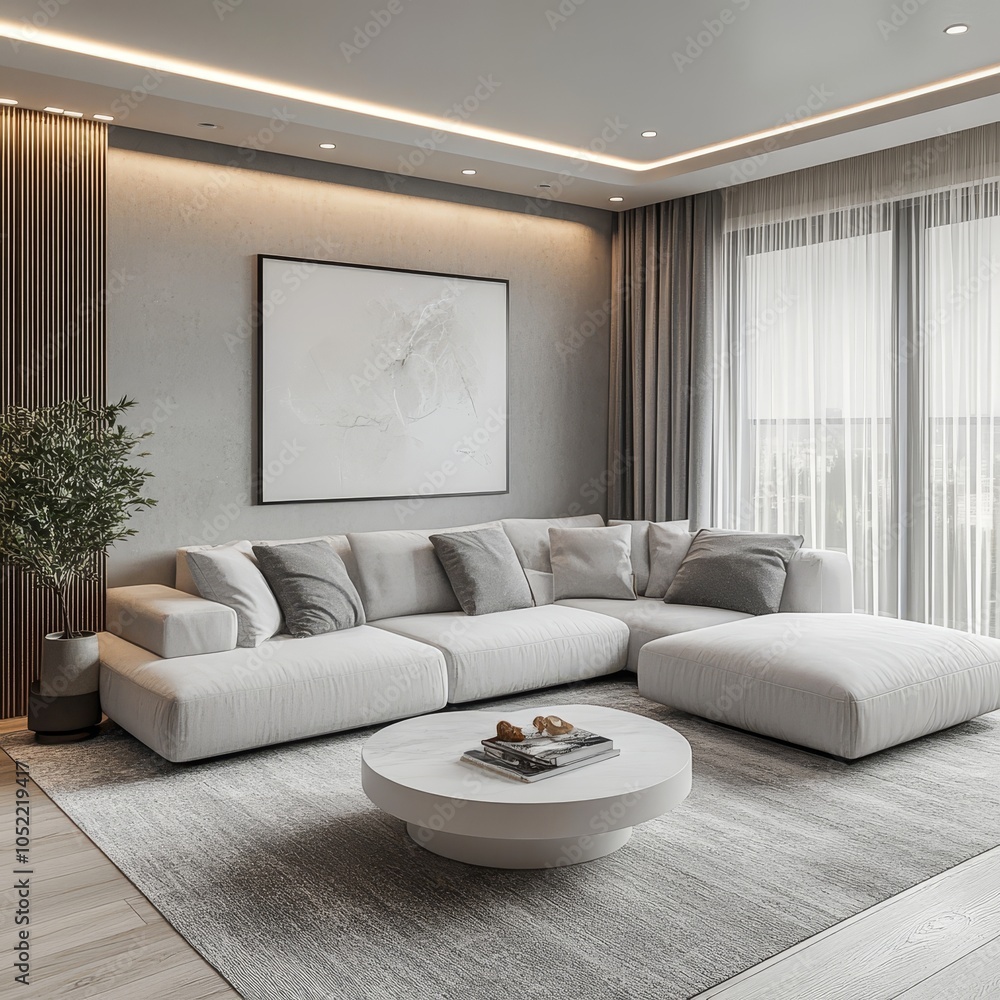 A modern living room with a large sectional sofa, abstract art on the wall, and gray tones, exuding a sleek and contemporary design. A modern living room with a large sectional sofa, abstract art on the wall, and gray tones, exuding a sleek and contemporary design.
