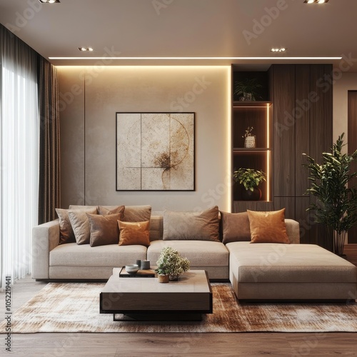 A snug and stylish living room with ambient lighting, showcasing a beige sofa accompanied by warm, earthy cushions enhancing the decor.