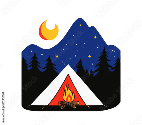 A cozy camping scene featuring a tent, campfire, mountains, and a starry night sky with a crescent moon, isolated on transparent background. photo