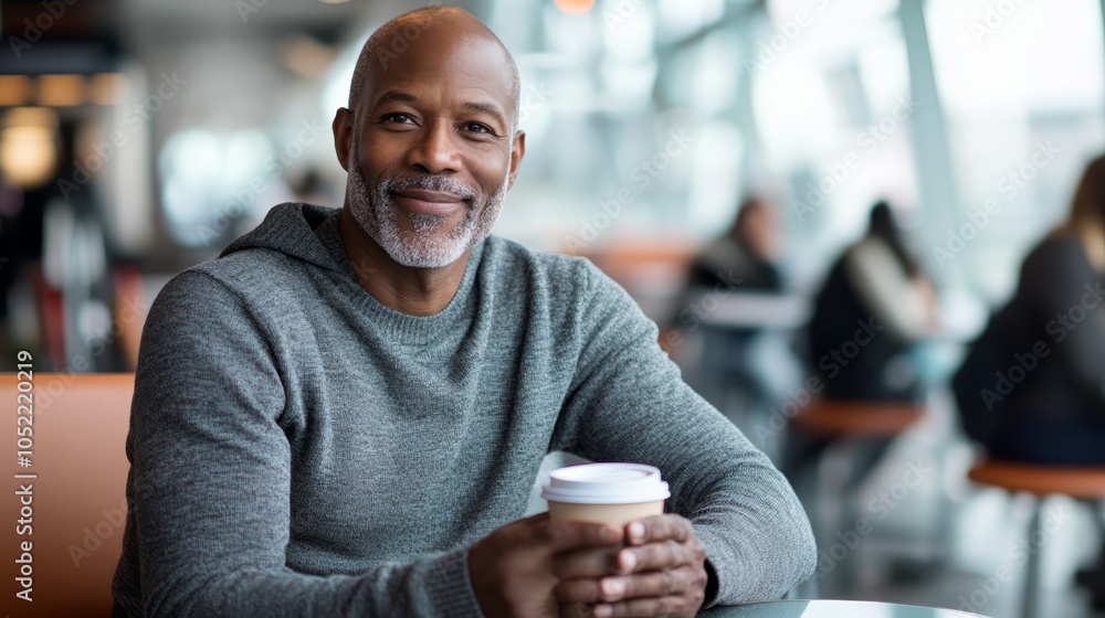 Mature businessman happily enjoys coffee at the airport, looking confident and content in a casual black sweater Mature businessman happily enjoys coffee at the airport, looking confident and content in a casual black sweater