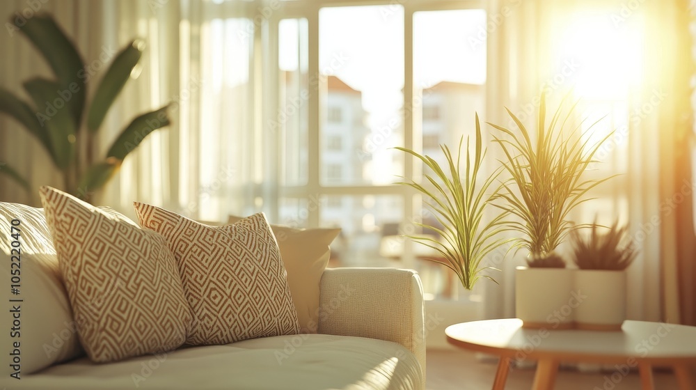 Sunlit living space with a bright white sofa, potted plants, and sunshine filtering through large windows inviting nature indoors. Sunlit living space with a bright white sofa, potted plants, and sunshine filtering through large windows inviting nature indoors.