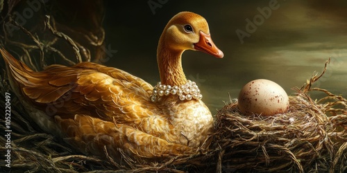 Vivid UHD anthropomorphic golden goose with egg expressive and warm
