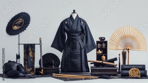 Traditional Japanese samurai attire and accessories displayed in an artistic arrangement, showcasing cultural heritage and craftsmanship. photo