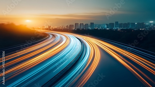 Futuristic highway in a modern city with glowing blue and orange lights, symbolizing data flow, speed, and urban digitalization..