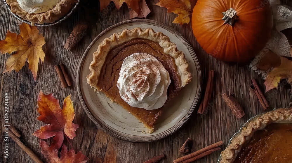 A close-up of a slice of pumpkin pie with whipped cream, served on a rustic plate, surrounded by cinnamon sticks and autumn leaves on a wooden table. A close-up of a slice of pumpkin pie with whipped cream, served on a rustic plate, surrounded by cinnamon sticks and autumn leaves on a wooden table.
