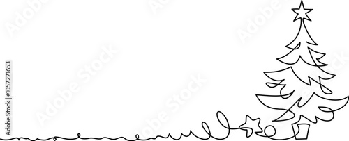 Christmas decoration. Pine fir trees with star and gifts. Continuous one line drawing