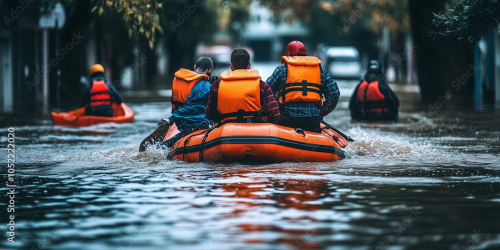 Rescue team navigating a flooded residential street in an inflatable raft evacuating people. Rescue team navigating a flooded residential street in an inflatable raft evacuating people.