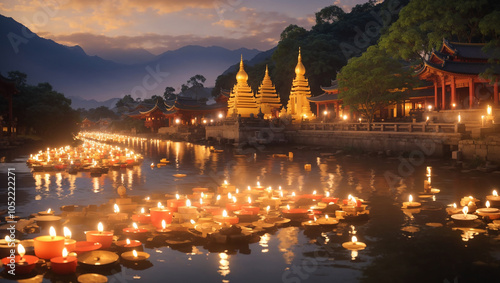 A serene lake at night, lit with many floating candles. Pagodas and temples line the shore.