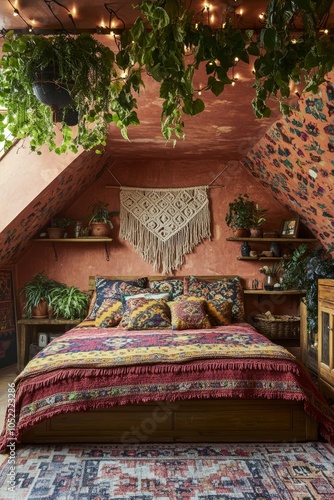 A bohemian-style attic bedroom featuring colorful textiles, rich patterns, and lively hanging plants. photo