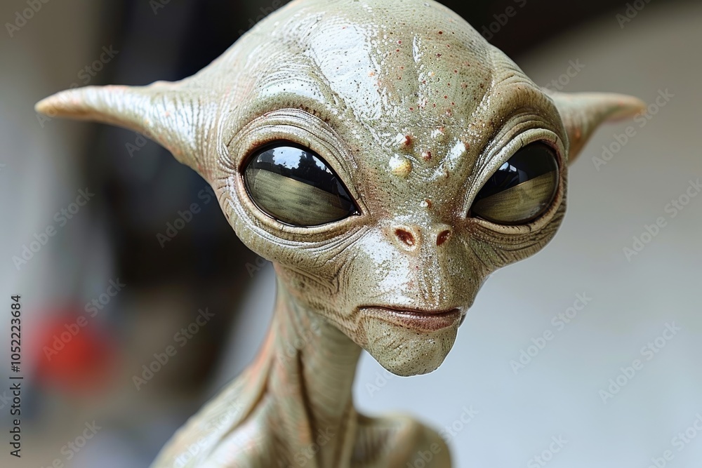 An expressive alien figure with large eyes and elongated ears displayed in a well-lit environment showcasing unique features An expressive alien figure with large eyes and elongated ears displayed in a well-lit environment showcasing unique features