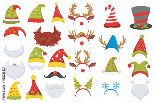 Christmas hats mega set elements in flat graphic design. Collection objects of elves headwear, Santa Claus beard and moustaches, deer antlers, trees, snowflakes masks, other. Vector illustration.