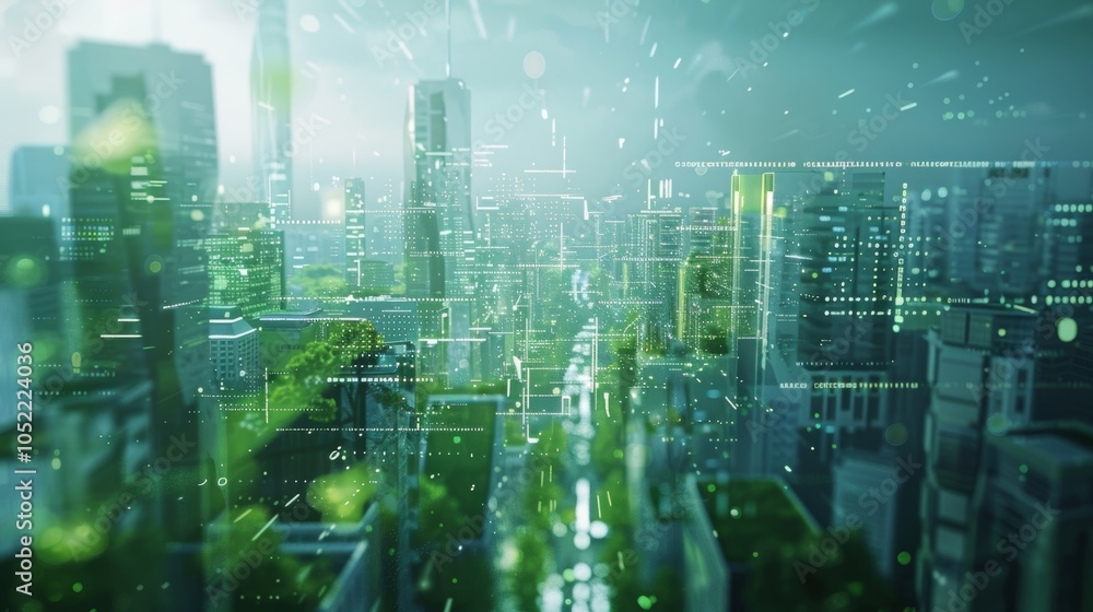 Obraz premium Digital network connecting buildings and green spaces in a smart city, visualizing sustainable urban development and innovative technological solutions for a greener future