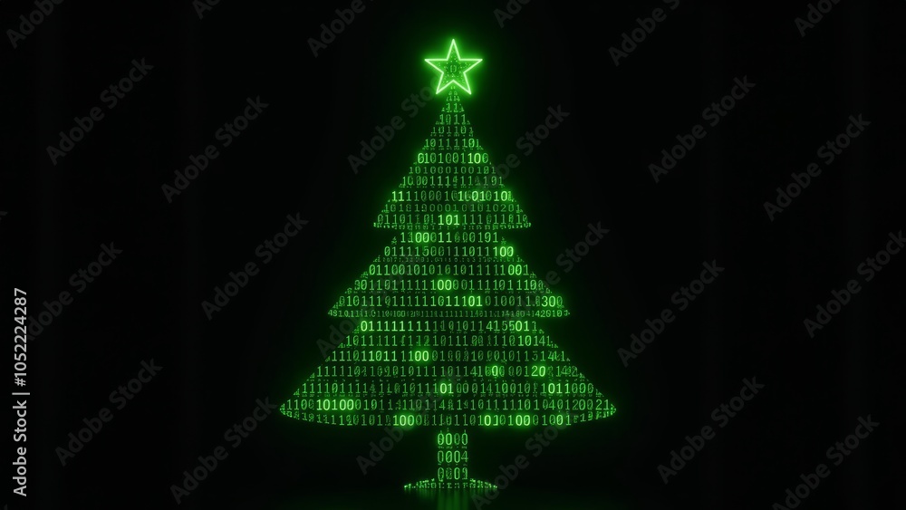 A glowing digital Christmas tree with binary code shines against a dark background A glowing digital Christmas tree with binary code shines against a dark background