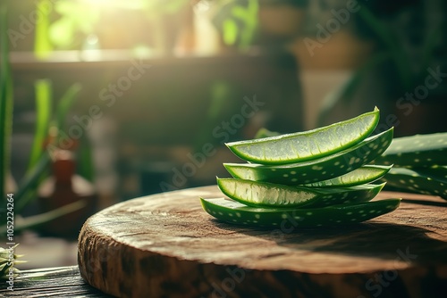 Aloe Vera on product display wood counter background. aloe vera is tropical green plants. Sliced Aloe Vera natural organic renewal cosmetics, alternative medicine