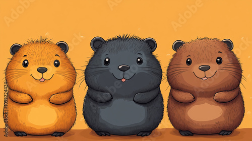 cute, fluffy, smiling cartoon capybaras,