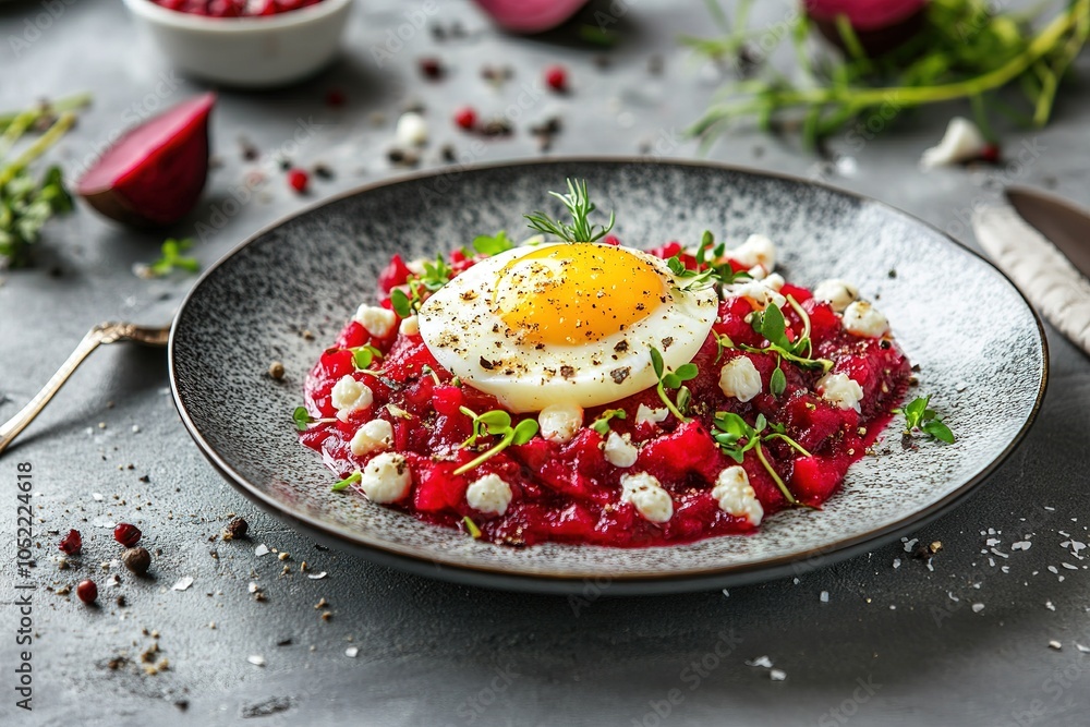 A plate of cold beetroot soup with egg and herbs on a gray background side view closeup A plate of cold beetroot soup with egg and herbs on a gray background side view closeup
