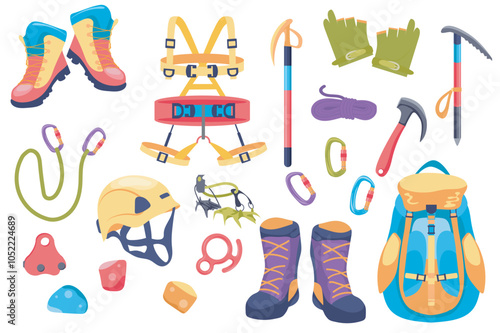 Climbing gear equipment mega set elements in flat graphic design. Collection objects of boots, harness, glove, rope, helmet, hooks, claws, locks, belts, other alpinism tools. Vector illustration.