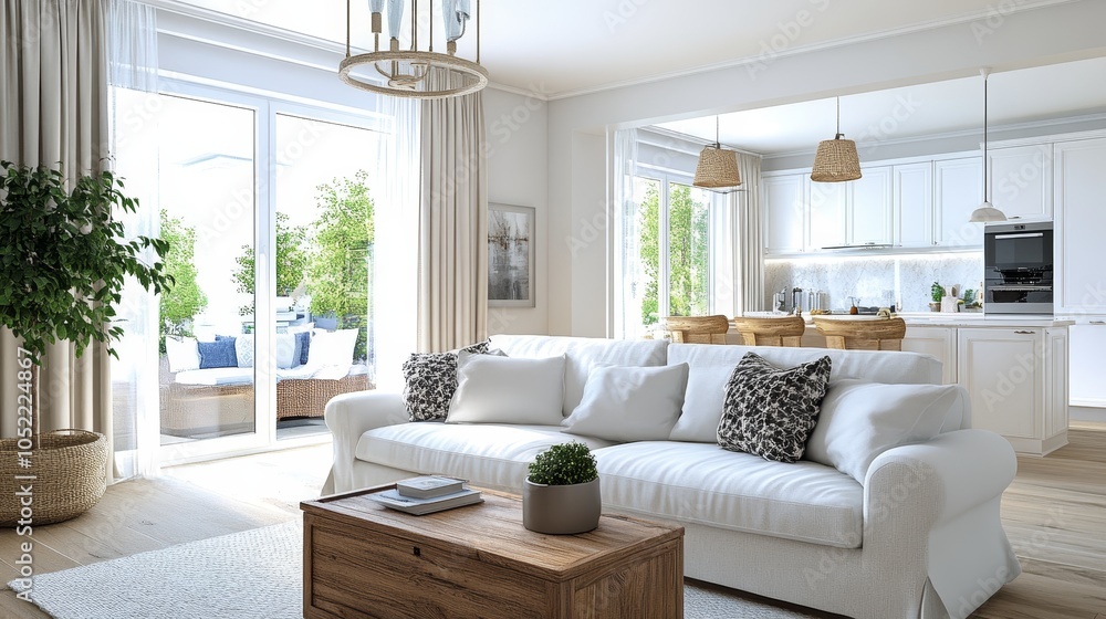 Fototapeta premium A modern, minimalist living room featuring a white sofa, wood accents, large windows, and abundant greenery creating an inviting space.